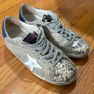 Golden Goose Superstar distressed snake-effect leather and suede sneakers SZ 38